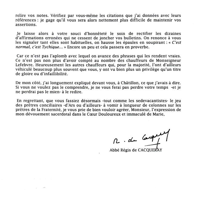 Lettre de réponse de l’abbé de Cacqueray à Max Barret, en date du 11 mai 2009