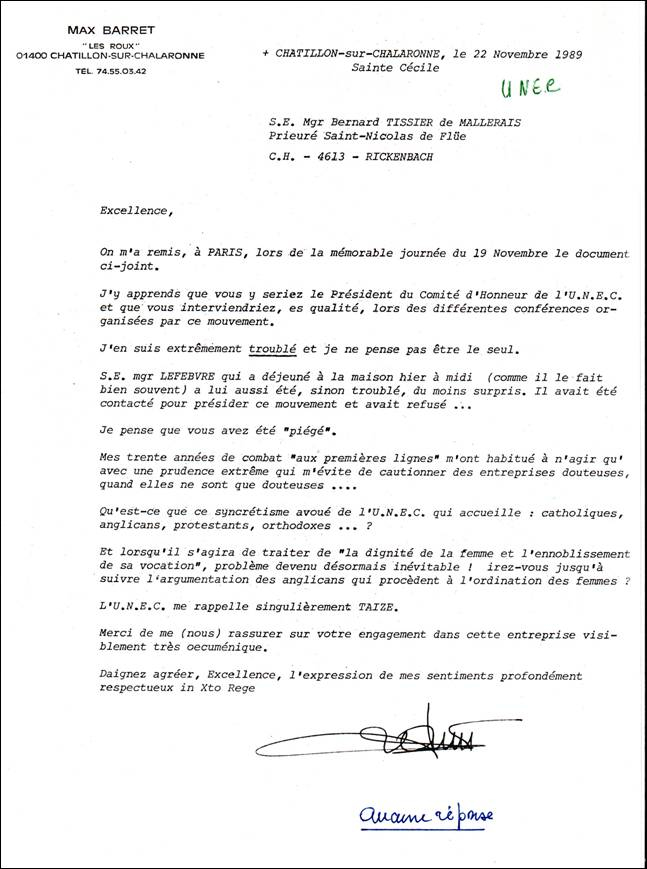 Lettre de réponse de Max Barret à Mgr Tissier de Mallerais, le 22 novembre 1989 pour lui demander de s’expliquer, à la demande exprès de Mgr Lefebvre, sur son patronage de l’UNEC, 