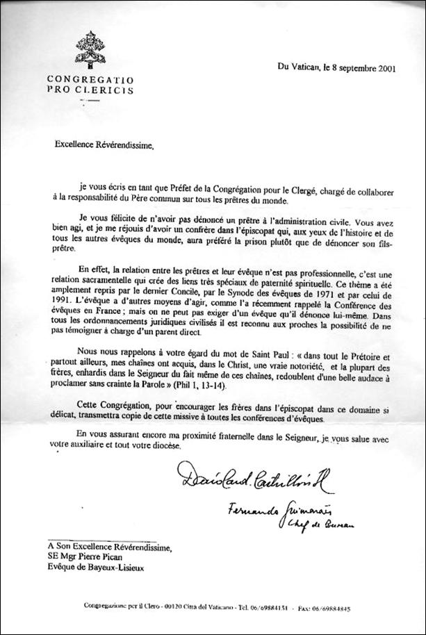 Letre du ‘cardinal’ Castrillón Hoyos à 'Mgr' Pierre Pican