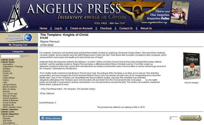 Angelus Press ; The Templars: Knights of Christ, Regine Pernoud
