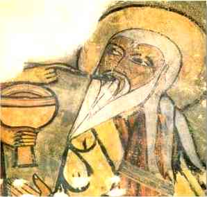 Le prêtre sacrificateur Melchisedech (Melchisedec, Melchisedek, Melchizedek), devant un autel maçonné, porte une cuillère à la bouche d'Abraham, après l'avoir rempli dans un calice du pain eucharistique.